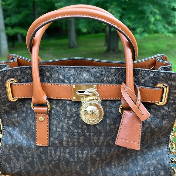 Michael Kors Hamilton Satchel Bag with Gold Chain - Brown - Picture 4 of 15